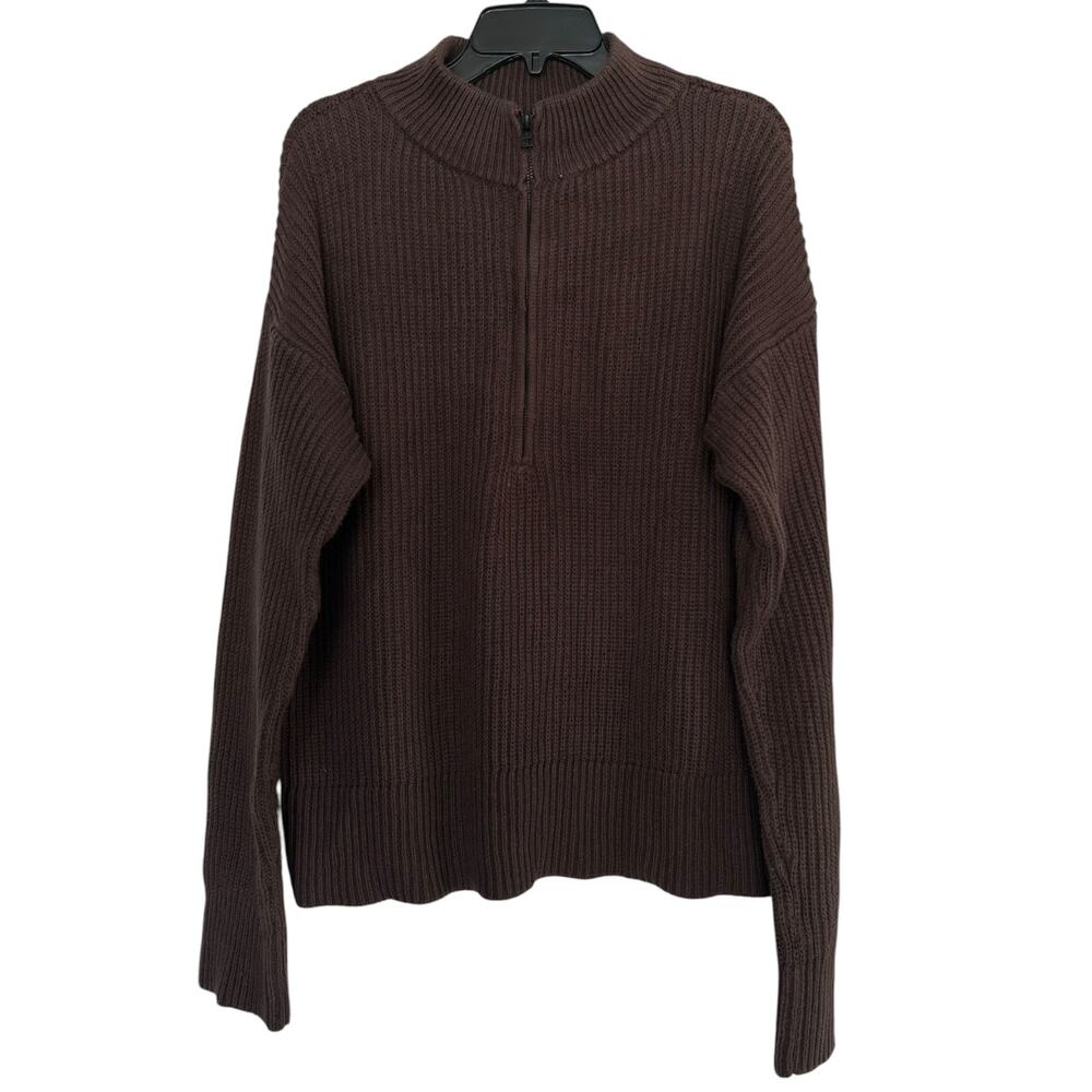 Brown Chunky Knit Half-Zip Oversized Pullover Sweater